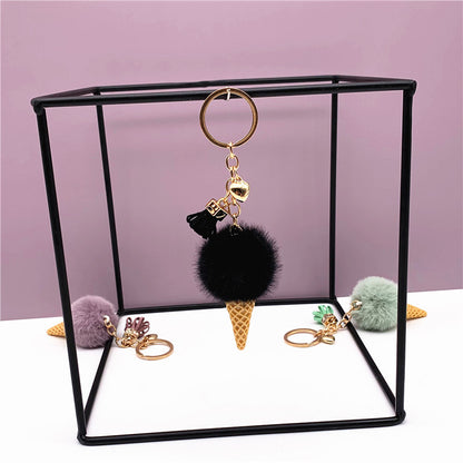 Ice Cream Pom Pom Keychain Faux Fur Pastel Colors 12