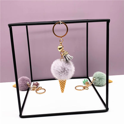 Ice Cream Pom Pom Keychain Faux Fur Pastel Colors 6