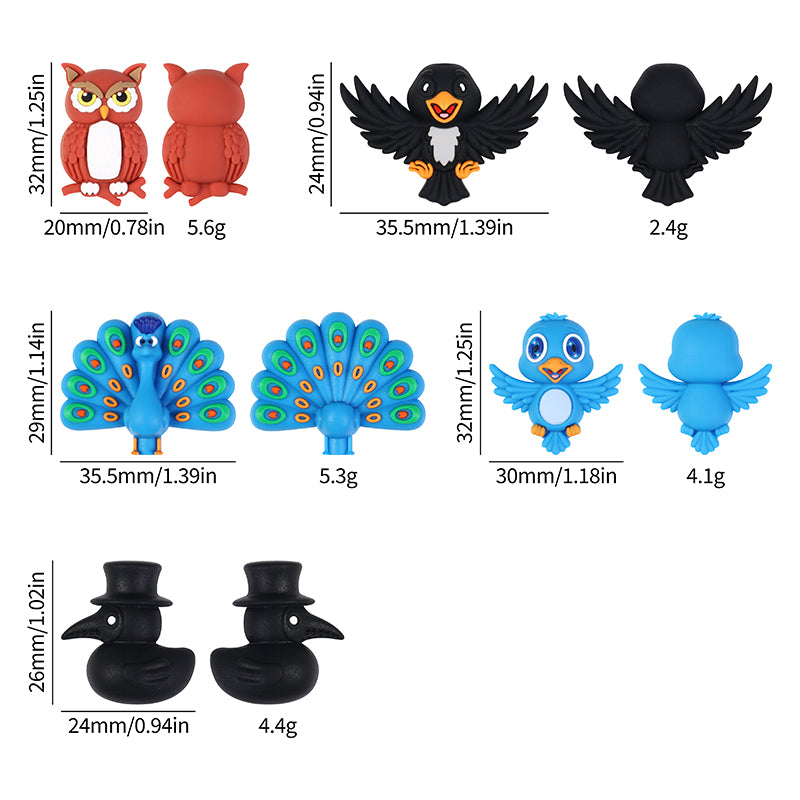 3D Bird Silicone Focal Beads Owl Peacock Cute Animal Charms 20pcs 9