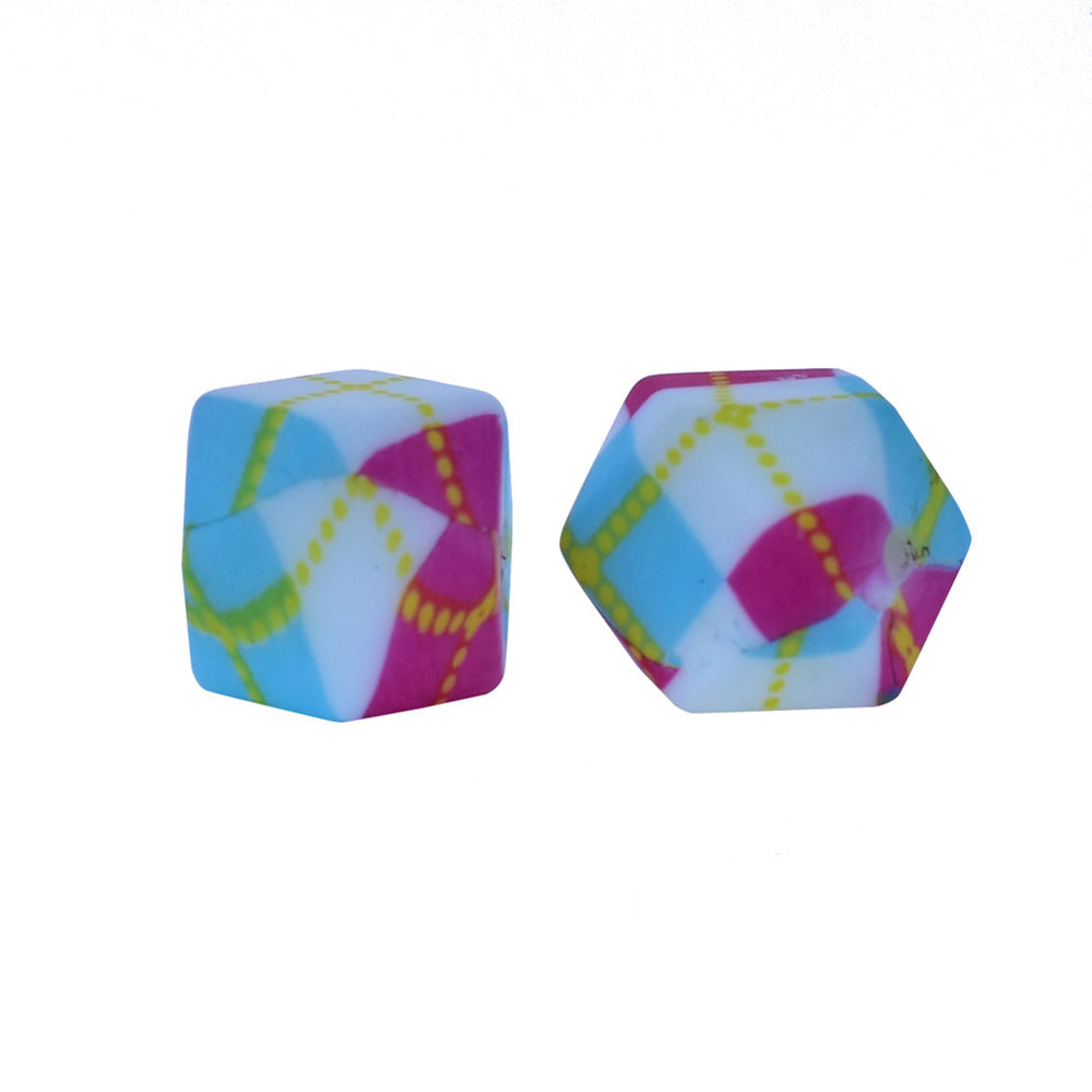 14mm Hexagon Silicone Beads Printed Camouflage Leopard Design 50pcs