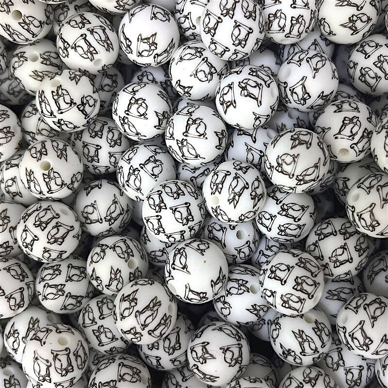 15mm Silicone Beads Bow Baseball Print 50pcs