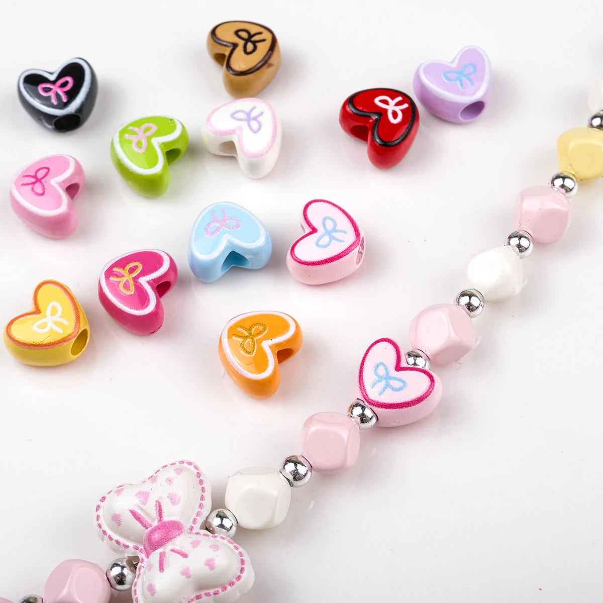 Bowknot Outline Heart Acrylic Beads 11mm 40pcs