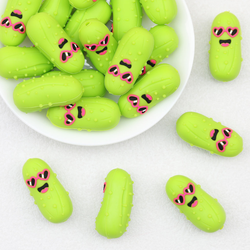 3D Sunglasses Cucumber Silicone Focal Beads Green 20pcs