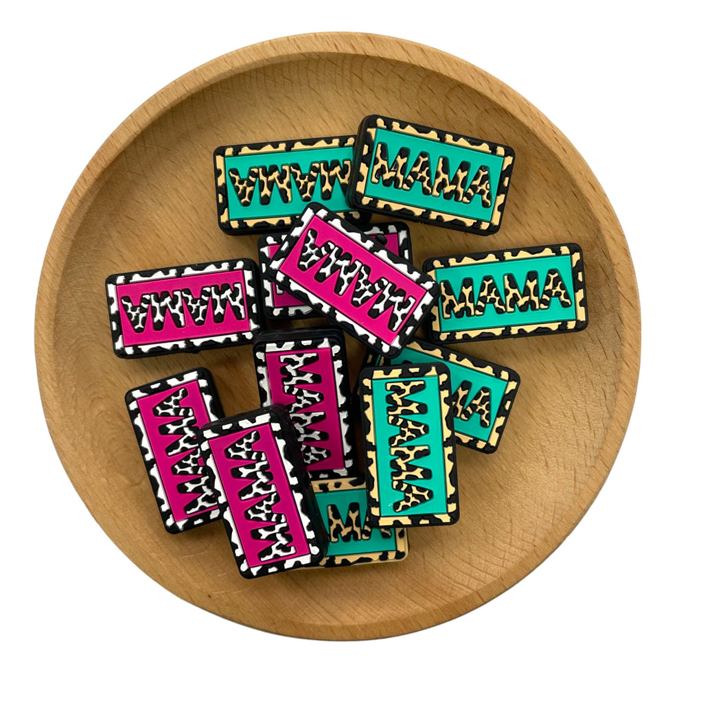 Silicone Focal Beads MAMA Leopard Cutout Pink and Teal 20pcs 2