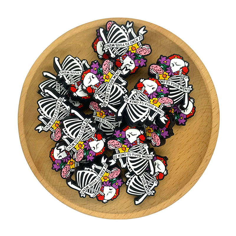 Silicone Focal Beads Halloween Smiling Skeleton Holding Banner 20pcs 2
