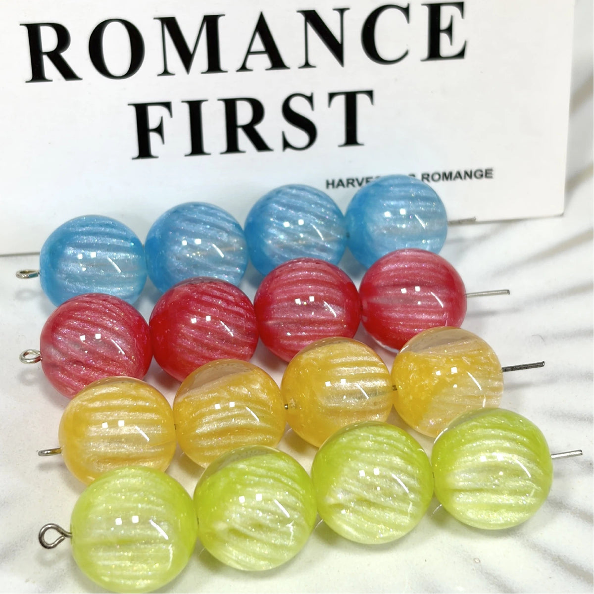 Color Changing Glitter Striped Round Resin Beads 16mm 10pcs