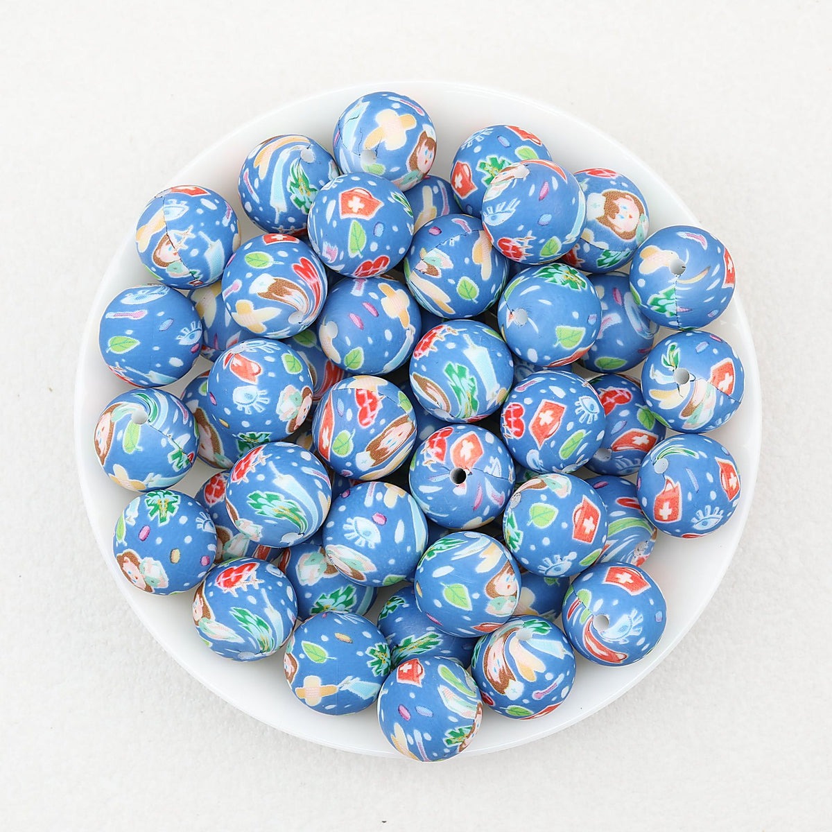 Nurse Theme 15mm Printed Silicone Beads 50pcs - Blue