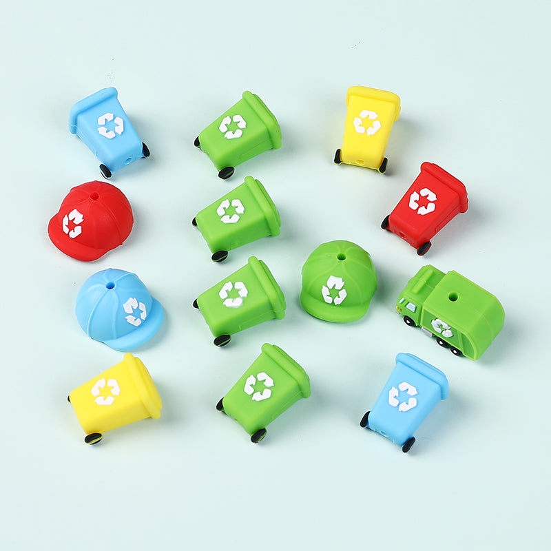 Silicone 3D Focal Beads Sanitation Red Cap Recycling Symbol