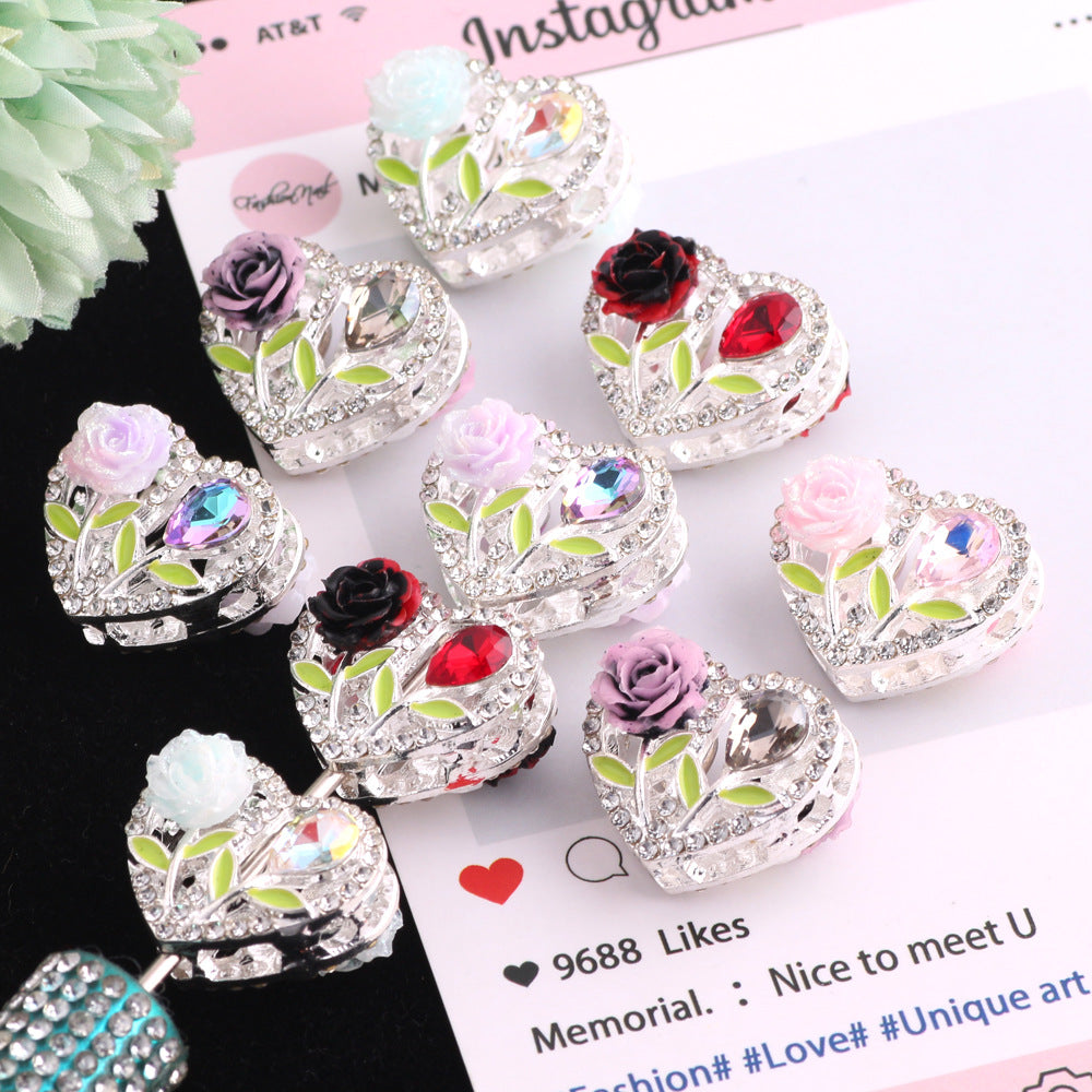 Fancy Heart Shaped Rose Rhinestone Alloy Beads 20mm 3pcs 11