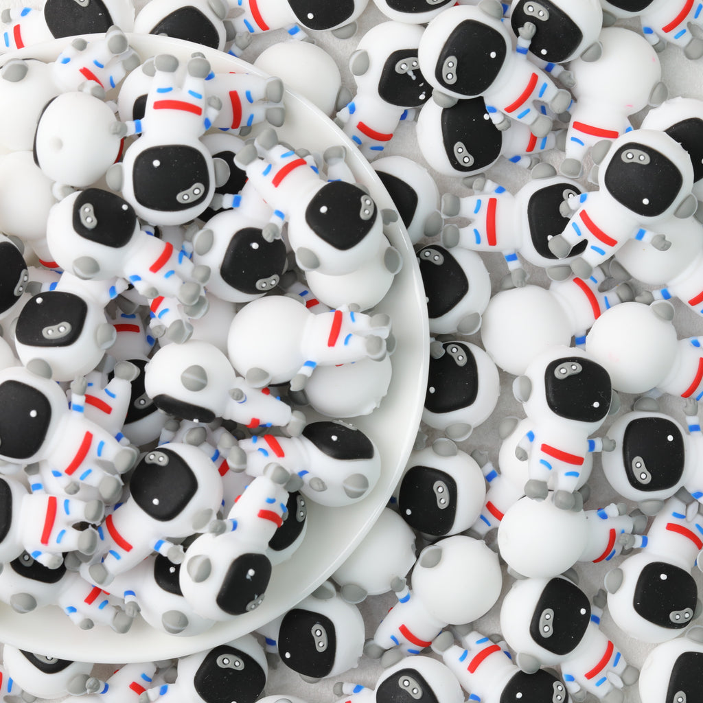 3D Spacesuit Astronaut Silicone Focal Beads Wholesale, Side Profile Front View Black Red Blue Suit