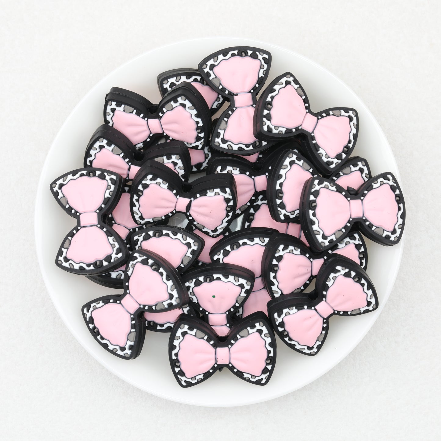 Cow Print Bow Silicone Focal Beads Pink Light Pink Green 20pcs 3