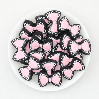 Cow Print Bow Silicone Focal Beads Pink Light Pink Green 20pcs 3