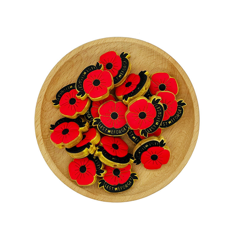 Silicone Focal Beads Red Poppy Lest We Forget Text Gold Outline 20pcs 2