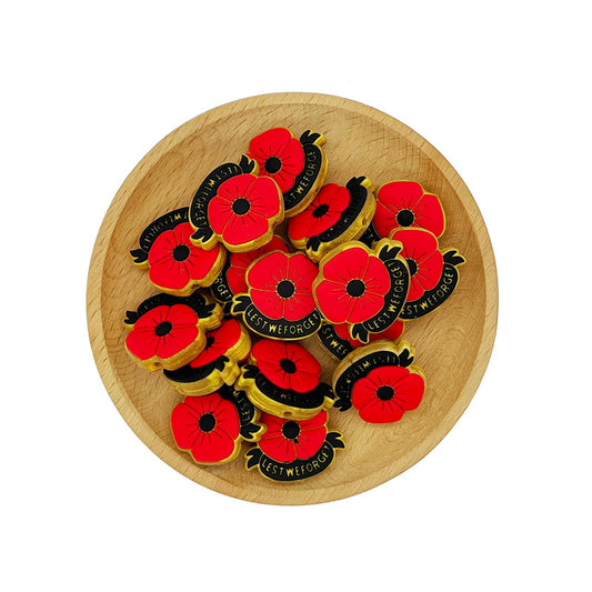 Silicone Focal Beads Red Poppy Lest We Forget Text Gold Outline 20pcs 2