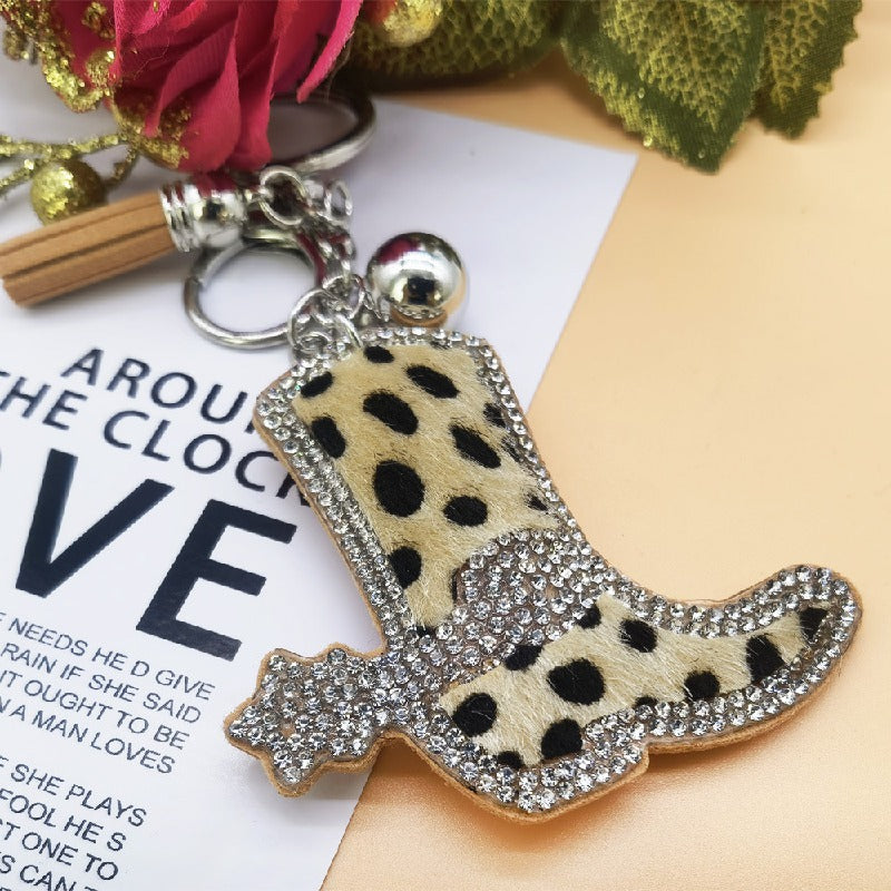 Leopard Print Boot Keychain Alloy Zinc Alloy Rhinestone Faux Fur 7cm 4