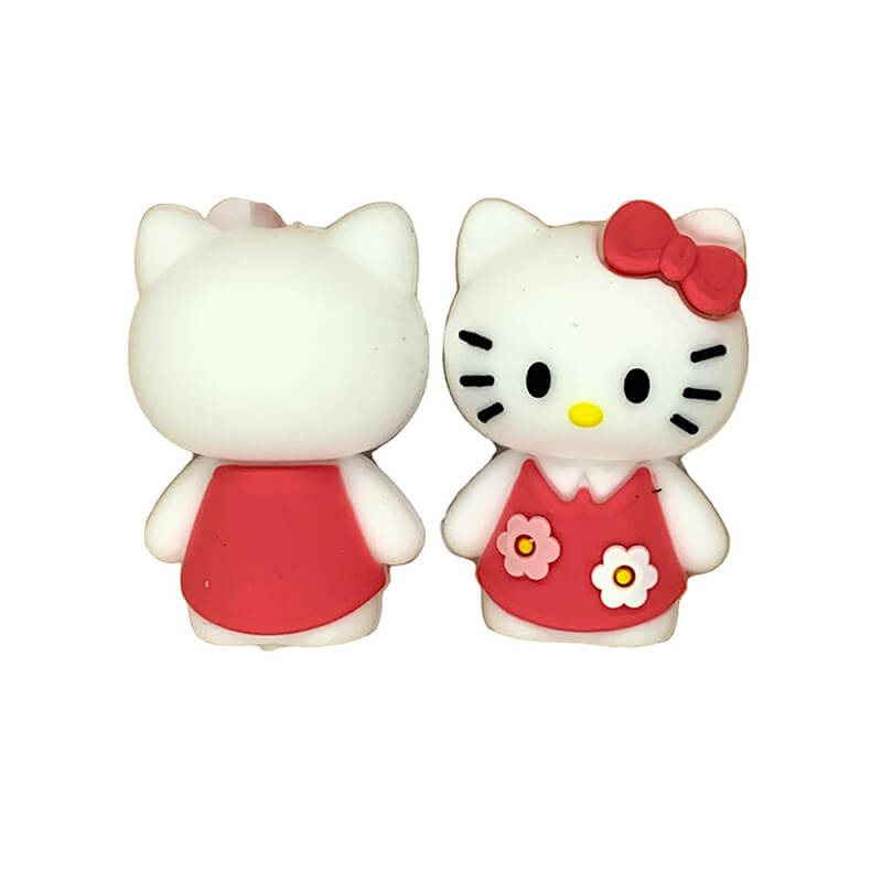 Silicone 3D Focal Beads Kitty Cat Wearing Sweet Floral Dress Red Bow
