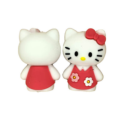 Silicone 3D Focal Beads Kitty Cat Wearing Sweet Floral Dress Red Bow
