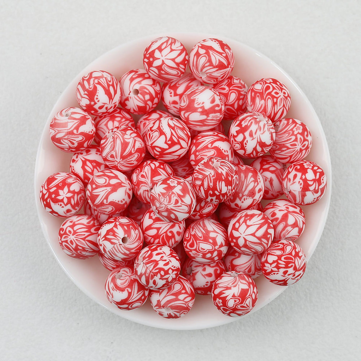 15mm Floral Pattern Print Round Silicone Beads Dark Base 50pcs - Paper Cut
