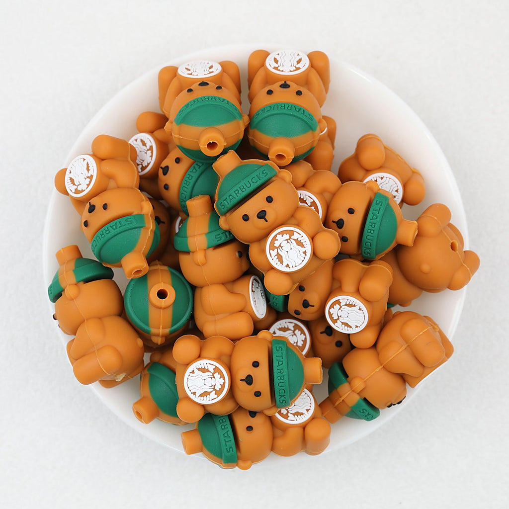 3D Bear Silicone Focal Beads with Green Hat and Coffee Cup 20pcs