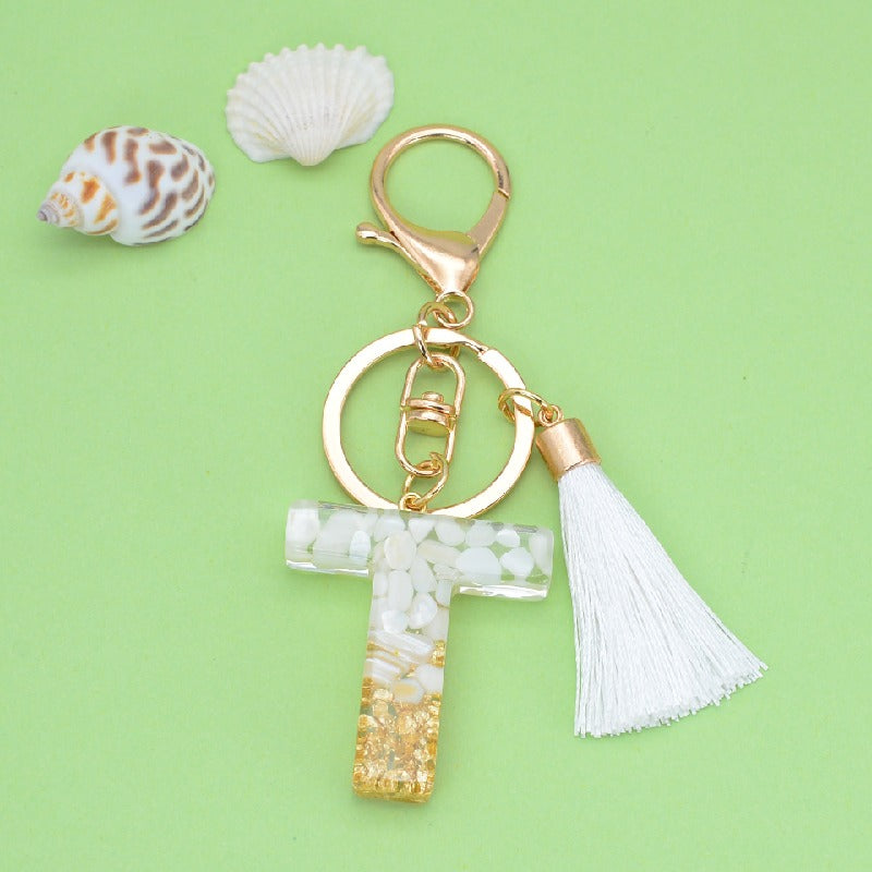 Tassel Letter A Keychain Resin Gold Flakes White Tassel 23