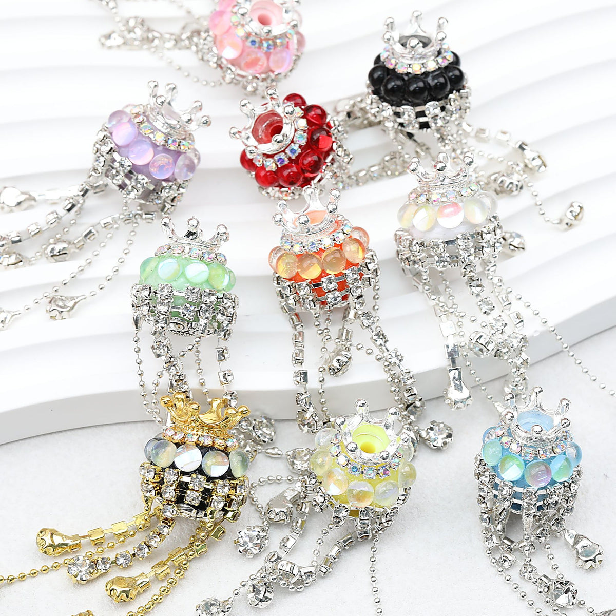 Fancy Crown Tassel Polymer Clay Beads with Rhinestones 23mm 5pcs