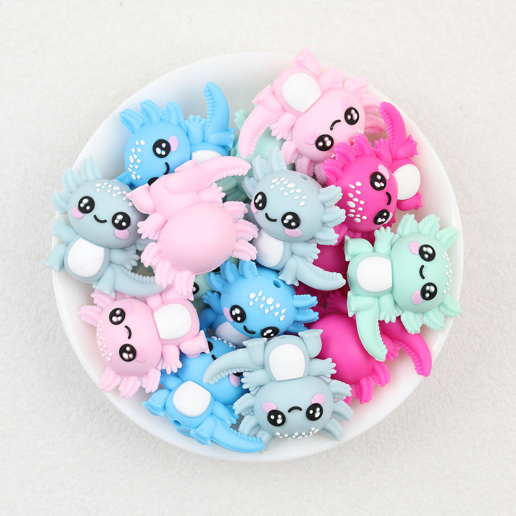 3D Axolotl Silicone Focal Beads Wholesale, Colorful Pink Blue Pastel Design