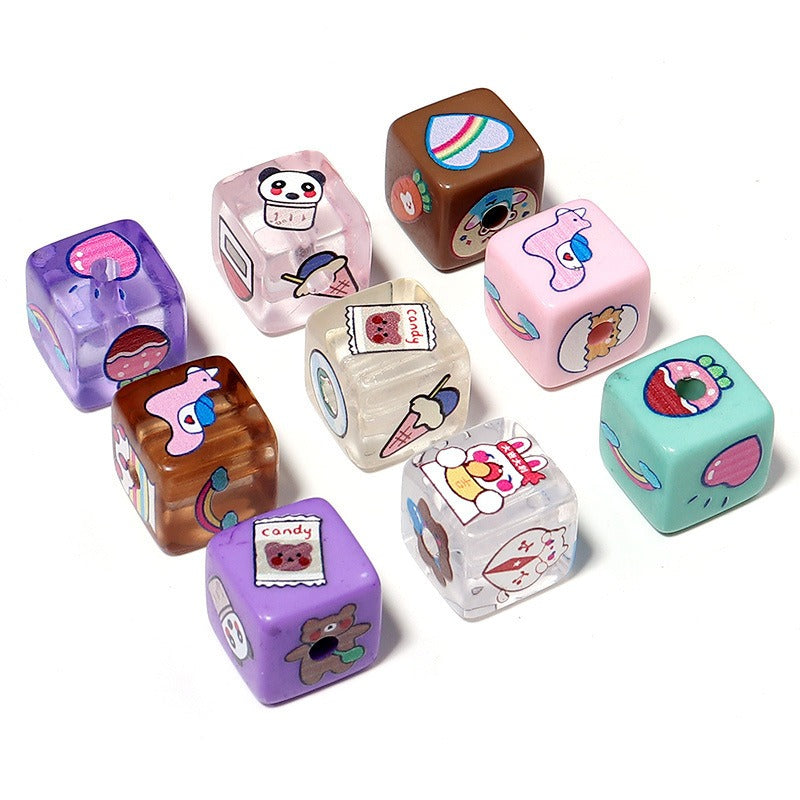 Cartoon Square Acrylic Beads 12mm Printed 5pcs 5