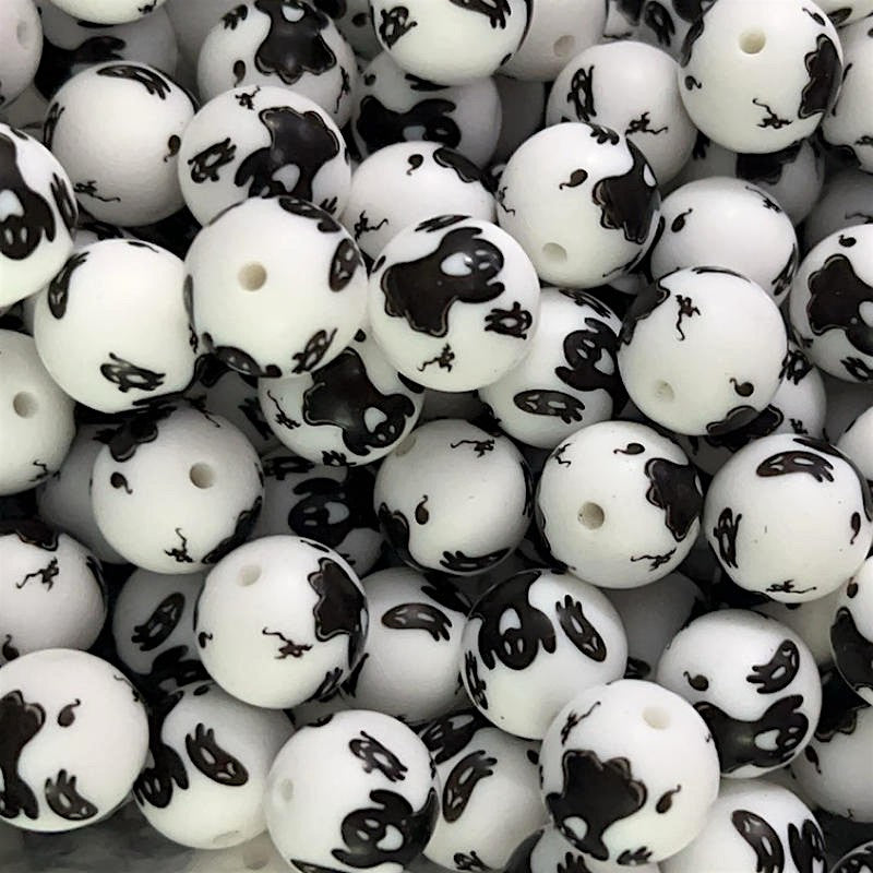 15mm Silicone Beads Black Ghost Print Playful Theme 50pcs