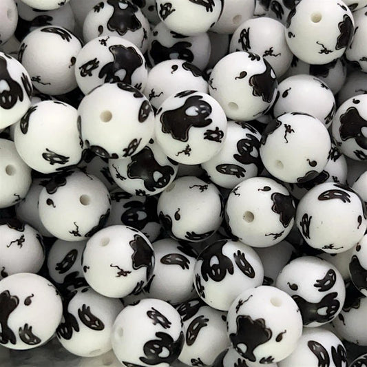 15mm Silicone Beads Black Ghost Print Playful Theme 50pcs