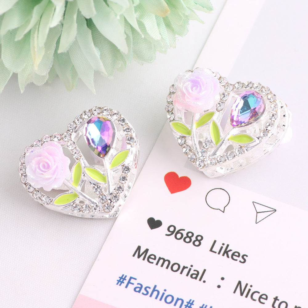 Fancy Heart Shaped Rose Rhinestone Alloy Beads 20mm 3pcs 10