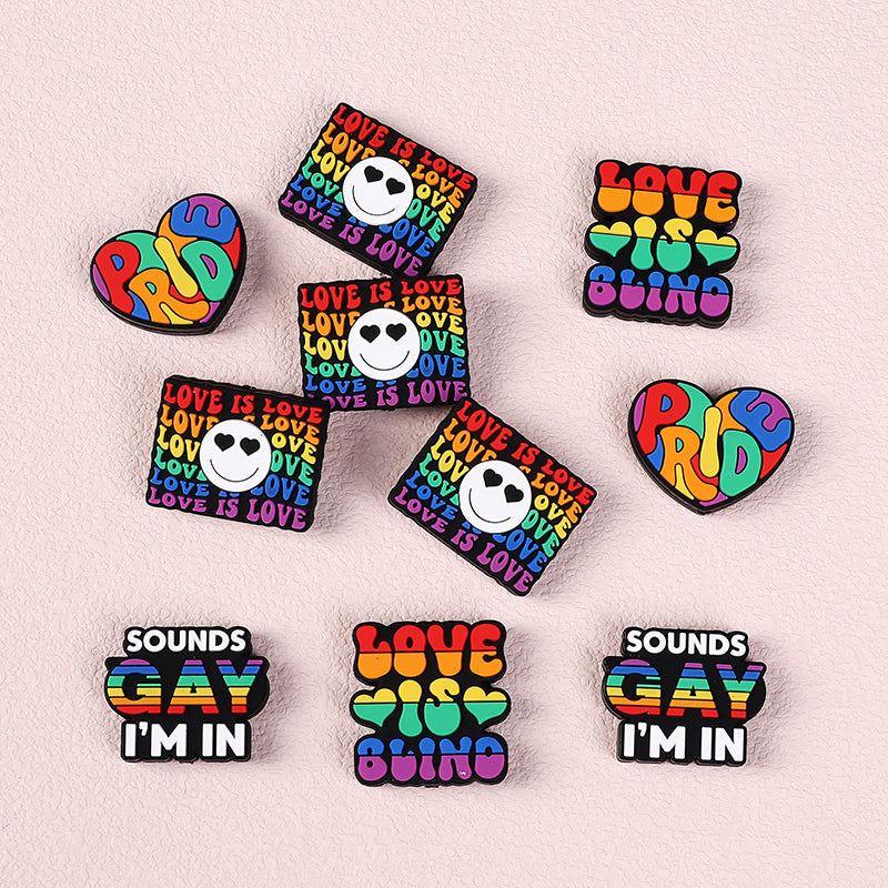 Silicone Focal Beads Rainbow Pride Bold Typography Hearts 20pcs 4