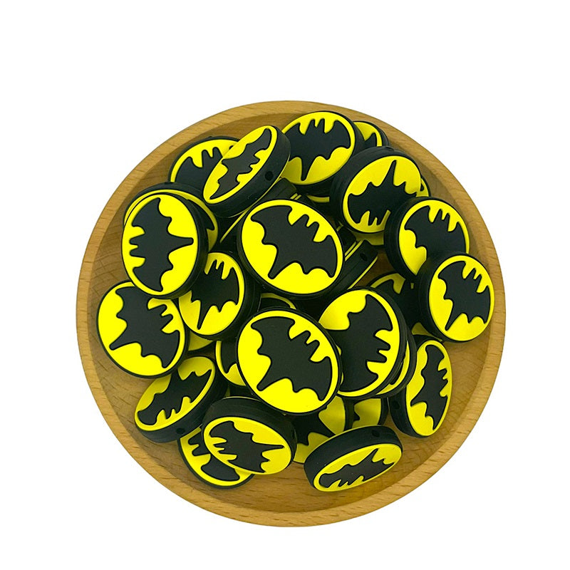 Silicone Focal Beads Halloween Bat Black Silhouette on Yellow Oval 20pcs 2