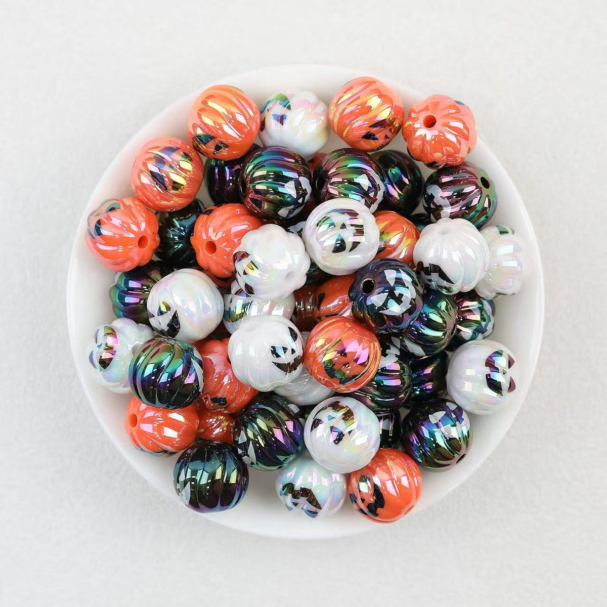 Iridescent Pumpkin Acrylic Beads Wholesale, Halloween Electroplated Striped Jack-O-Lantern, 15.7mm