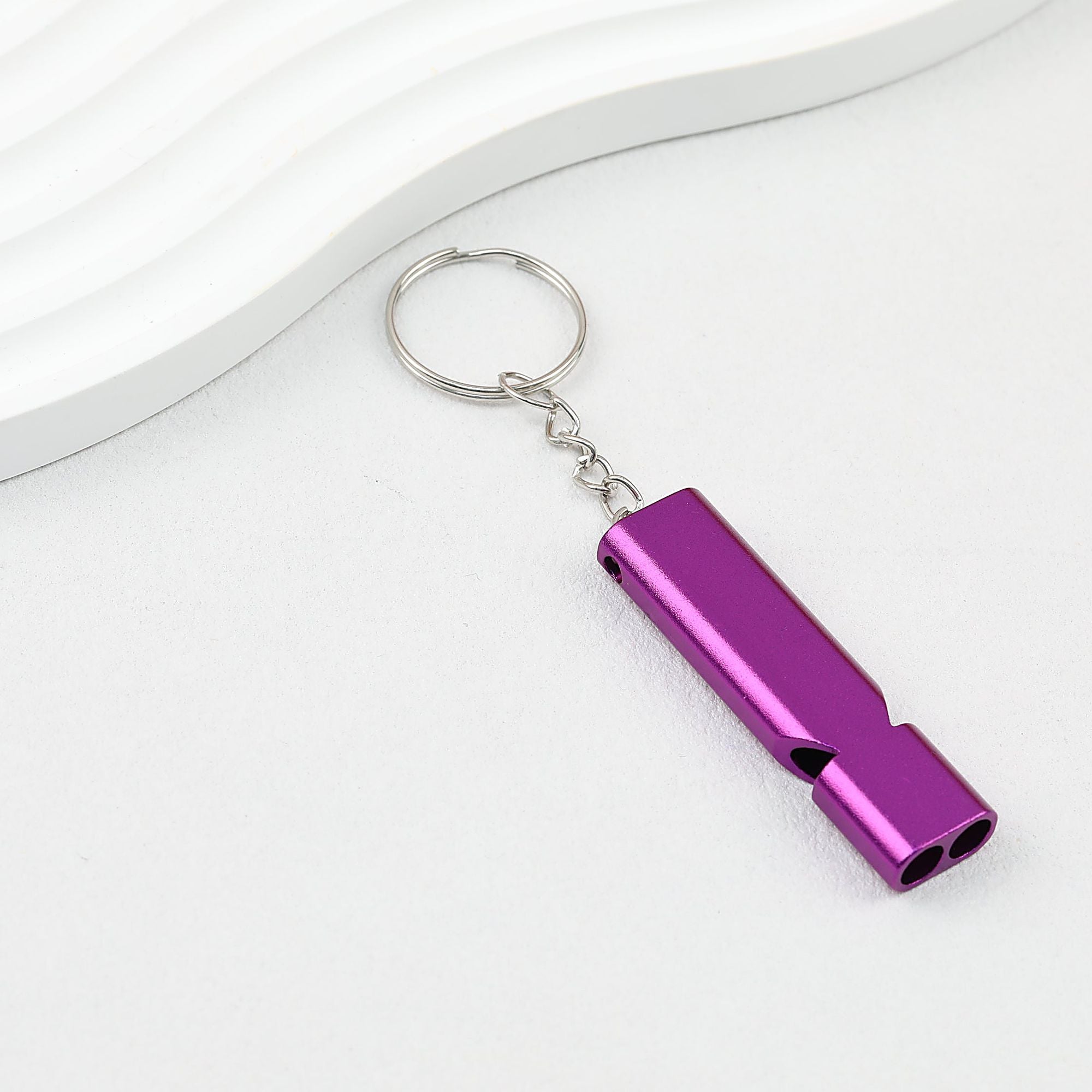 Survival Whistle Keychain Flat Aluminum Alloy Double Tube Self Defense - Purple