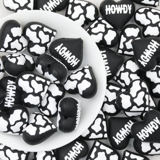 3D Western Cowboy Heart Silicone Focal Beads Cow Print 20pcs
