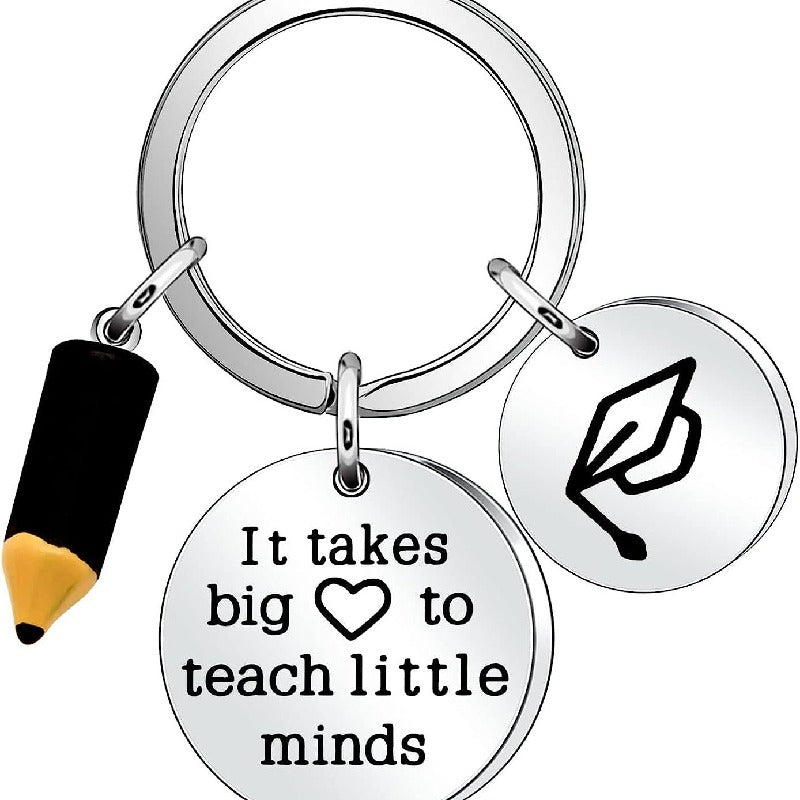 Stainless Steel Teacher Keychain Engraved Disc Pencil Cap Charm