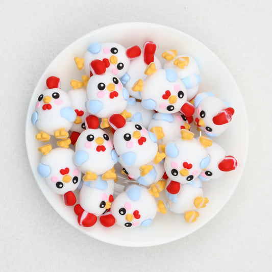 Cute 3D Chicken Silicone Focal Beads White Blue Yellow Red 20pcs 2