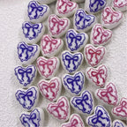 Heart Ceramic Beads 15mm Bow Pattern Lace Glazed 10pcs