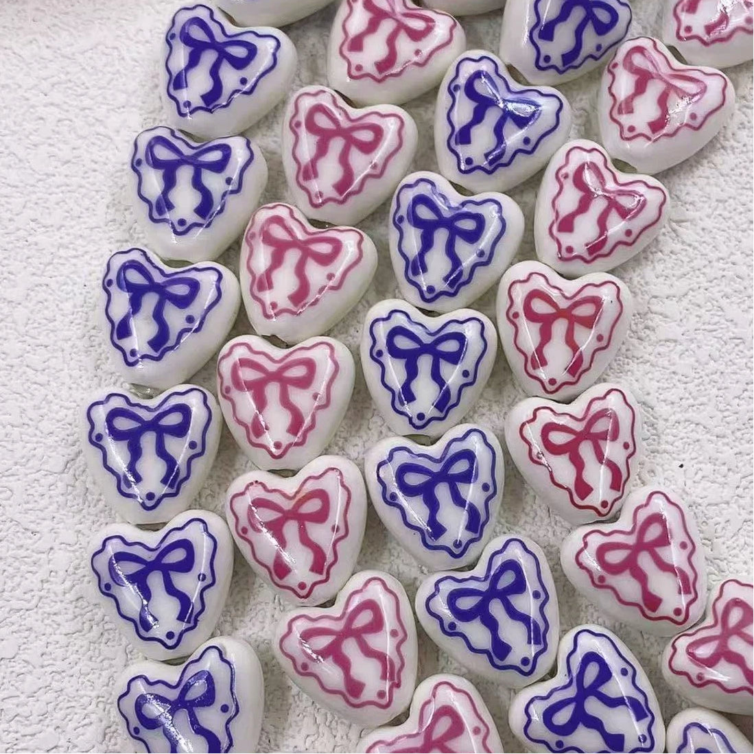 Heart Ceramic Beads 15mm Bow Pattern Lace Glazed 10pcs