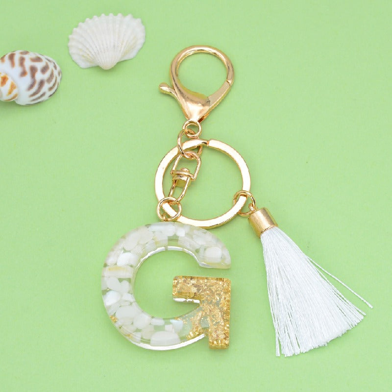 Tassel Letter A Keychain Resin Gold Flakes White Tassel 10