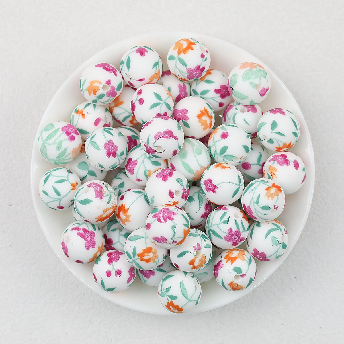 Floral Pattern 15mm Silicone Beads Light Color Printed Design 50pcs - Weigela