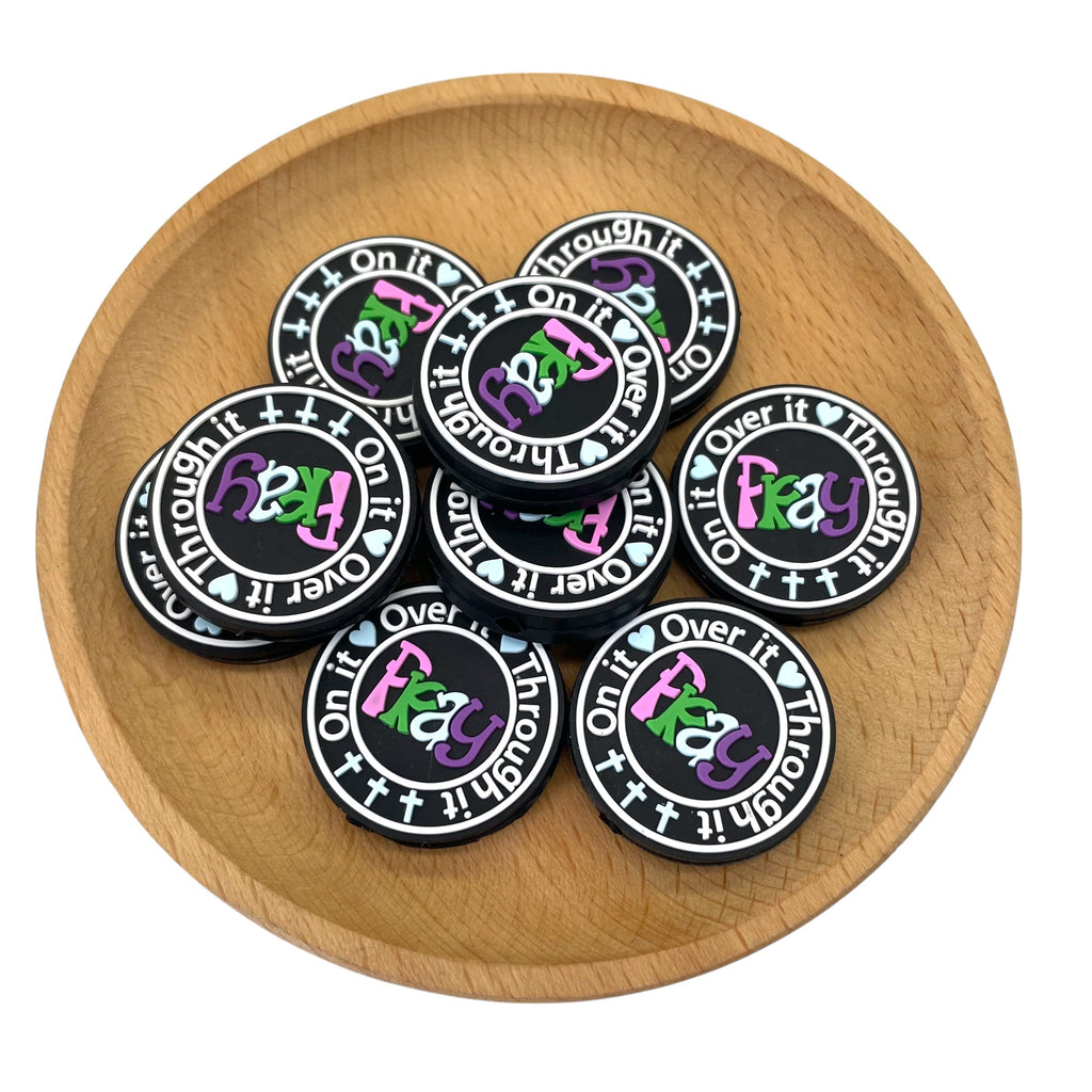 Silicone Focal Beads Faith Pray Letter Motifs Black Base 20pcs 2