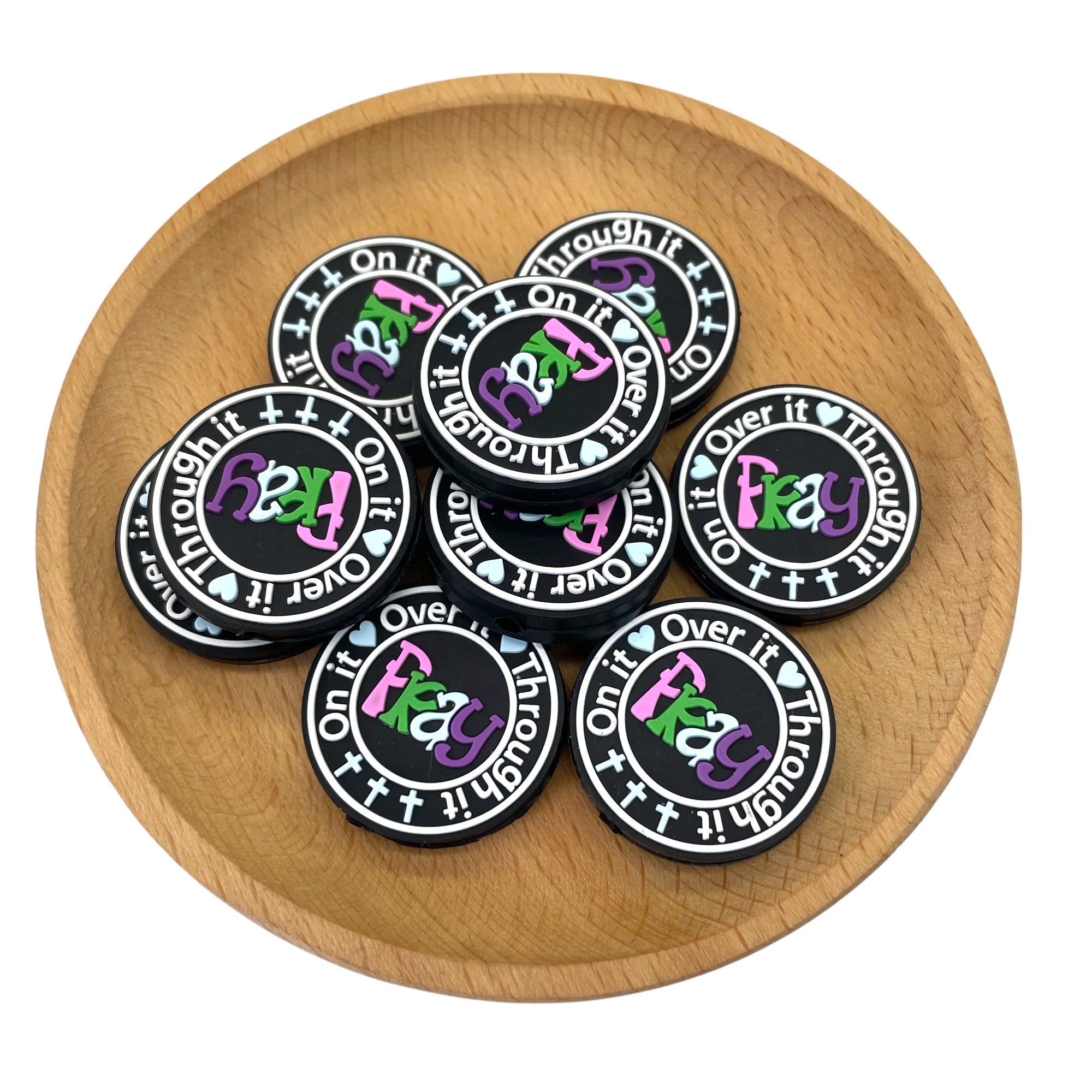 Silicone Focal Beads Faith Pray Letter Motifs Black Base 20pcs 2