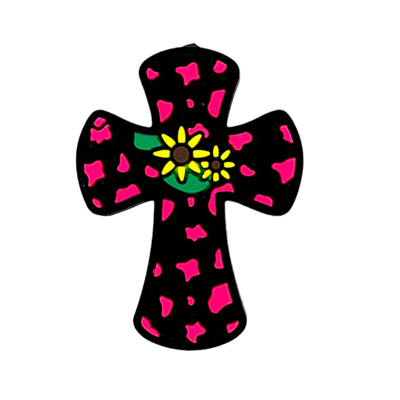 Silicone Focal Beads Sunflower Cross Hot Pink Spotted 20pcs