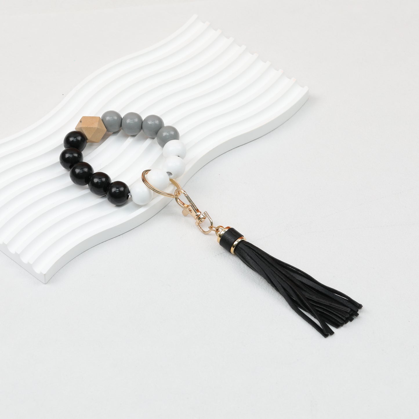 Tassel Wooden Beaded Keychain with PU Leather Tassel 23x10cm