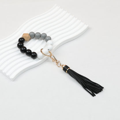 Tassel Wooden Beaded Keychain with PU Leather Tassel 23x10cm