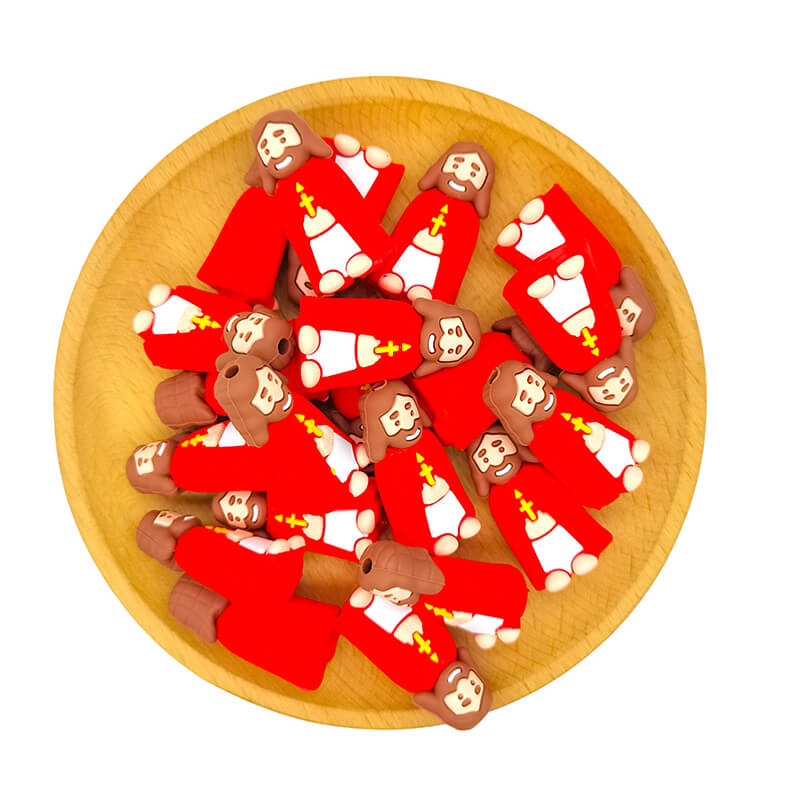 Silicone 3D Focal Beads Red Cloak King Holding Golden Cross 1pcs 2