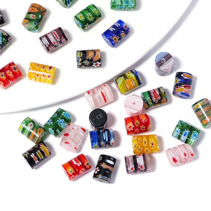 Millefiori Cylindrical Glass Beads 13mm Swirling Floral Patterns 10pcs