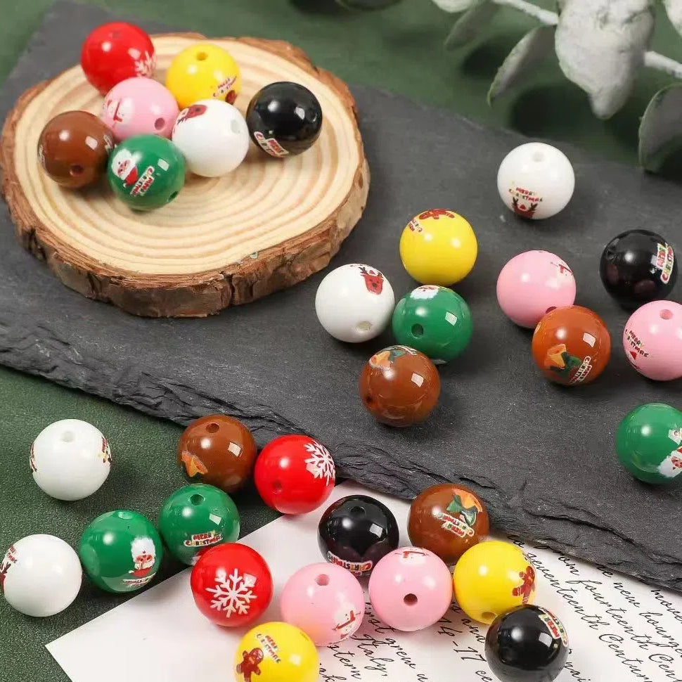 Colorful Christmas Printed Acrylic Beads 16mm Festive Designs 20pcs
