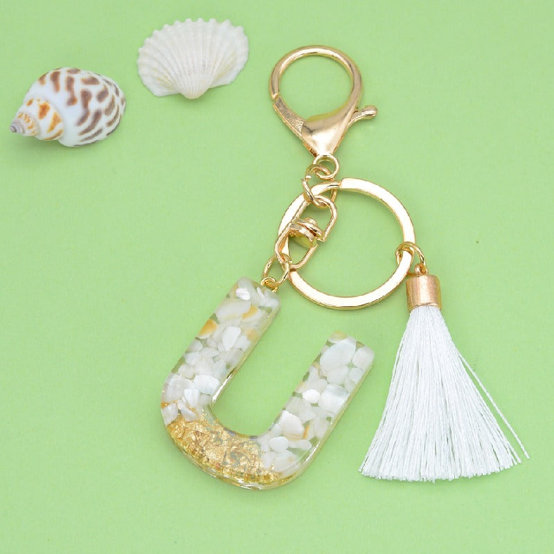 Tassel Letter A Keychain Resin Gold Flakes White Tassel 24